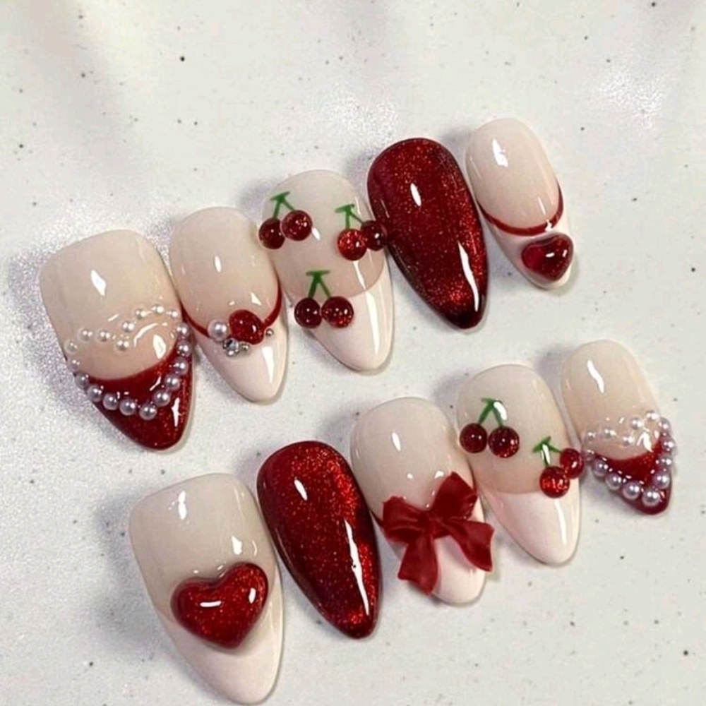 24 Pcs Pressed On Nails Red and Cream Cherry Nail Art Set
